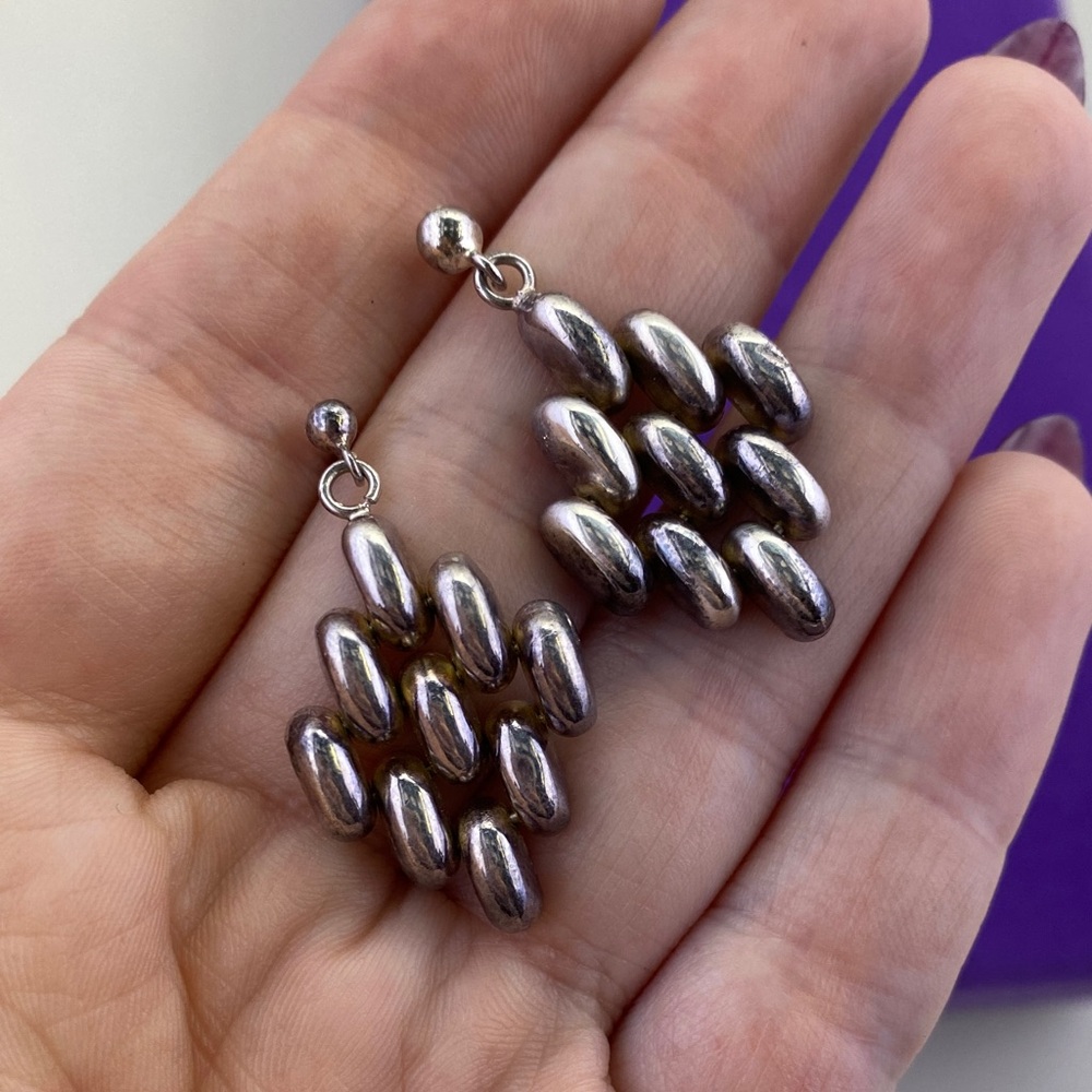 💛 Vintage Sterling Silver Bead Diamond Drop Earrings | Artisanal - Picture 5 of 6